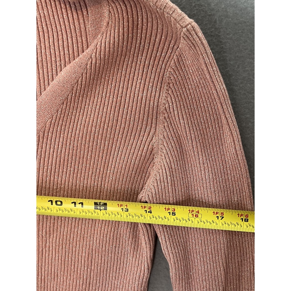 White House Black Market WHBM M Rose Gold Shimmer Ribbed Knit Henley Top Blouse - Picture 2 of 6